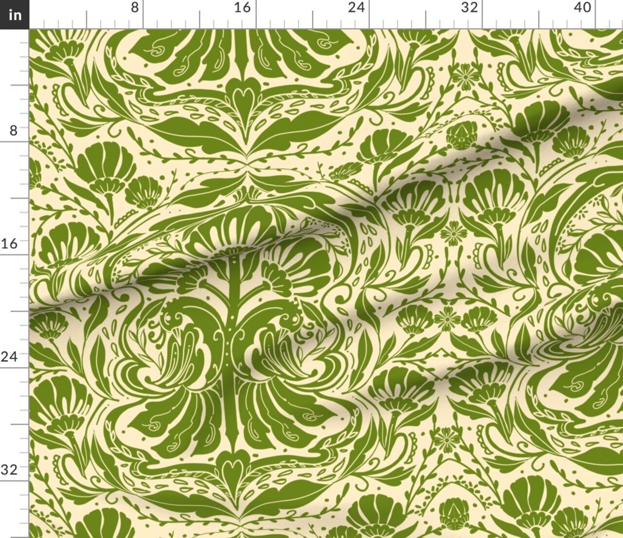 Green Yellow Nature Birds Victorian Summer Damask Olive Baroque Chinoiserie Rococo Art Nouveau Large Scale Custom Printed Fabric by Spoonflower Various Fabrics by the Yard or Fat Quarter